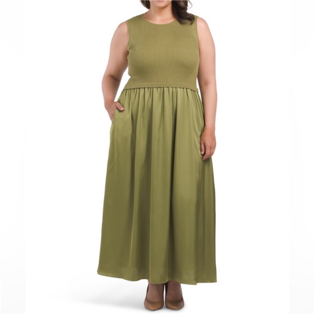 Taylor Olive Green Sleeveless Maxi Dress with Ribbed Bodice